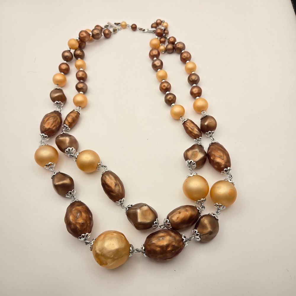 Vintage Japan Double Strand Faux Pearl Necklace Bronze Copper Graduated J-Hook